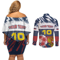 Personalized Russia Athletics Couples Matching Off Shoulder Short Dress and Long Sleeve Button Shirt with Soccer Ball, National Emblem, and Grunge Flag Design