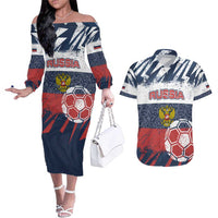 Personalized Russia Athletics Couples Matching Off The Shoulder Long Sleeve Dress and Hawaiian Shirt with Soccer Ball, National Emblem, and Grunge Flag Design