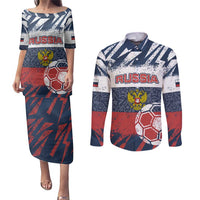 Personalized Russia Athletics Couples Matching Puletasi and Long Sleeve Button Shirt with Soccer Ball, National Emblem, and Grunge Flag Design
