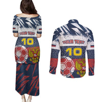 Personalized Russia Athletics Couples Matching Puletasi and Long Sleeve Button Shirt with Soccer Ball, National Emblem, and Grunge Flag Design