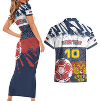 Personalized Russia Athletics Couples Matching Short Sleeve Bodycon Dress and Hawaiian Shirt with Soccer Ball, National Emblem, and Grunge Flag Design