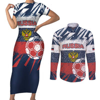 Personalized Russia Athletics Couples Matching Short Sleeve Bodycon Dress and Long Sleeve Button Shirt with Soccer Ball, National Emblem, and Grunge Flag Design