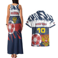 Personalized Russia Athletics Couples Matching Tank Maxi Dress and Hawaiian Shirt with Soccer Ball, National Emblem, and Grunge Flag Design