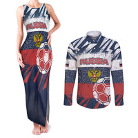 Personalized Russia Athletics Couples Matching Tank Maxi Dress and Long Sleeve Button Shirt with Soccer Ball, National Emblem, and Grunge Flag Design