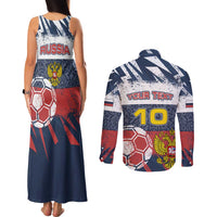 Personalized Russia Athletics Couples Matching Tank Maxi Dress and Long Sleeve Button Shirt with Soccer Ball, National Emblem, and Grunge Flag Design