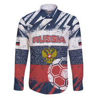 Personalized Russia Athletics Family Matching Off The Shoulder Long Sleeve Dress and Hawaiian Shirt with Soccer Ball, National Emblem, and Grunge Flag Design