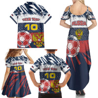 Personalized Russia Athletics Family Matching Summer Maxi Dress and Hawaiian Shirt with Soccer Ball, National Emblem, and Grunge Flag Design