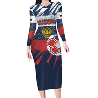 Personalized Russia Athletics Long Sleeve Bodycon Dress with Soccer Ball, National Emblem, and Grunge Flag Design