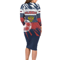 Personalized Russia Athletics Long Sleeve Bodycon Dress with Soccer Ball, National Emblem, and Grunge Flag Design