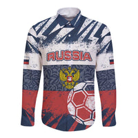 Personalized Russia Athletics Long Sleeve Button Shirt with Soccer Ball, National Emblem, and Grunge Flag Design