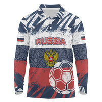 Personalized Russia Athletics Long Sleeve Polo Shirt with Soccer Ball, National Emblem, and Grunge Flag Design