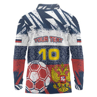 Personalized Russia Athletics Long Sleeve Polo Shirt with Soccer Ball, National Emblem, and Grunge Flag Design
