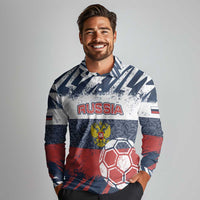Personalized Russia Athletics Long Sleeve Polo Shirt with Soccer Ball, National Emblem, and Grunge Flag Design