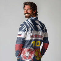 Personalized Russia Athletics Long Sleeve Polo Shirt with Soccer Ball, National Emblem, and Grunge Flag Design