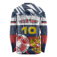Personalized Russia Athletics Long Sleeve Shirt with Soccer Ball, National Emblem, and Grunge Flag Design