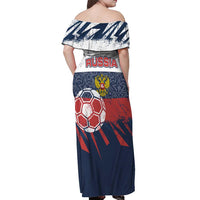 Personalized Russia Athletics Off Shoulder Maxi Dress with Soccer Ball, National Emblem, and Grunge Flag Design