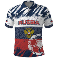 Personalized Russia Athletics Polo Shirt with Soccer Ball, National Emblem, and Grunge Flag Design
