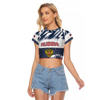 Personalized Russia Athletics Raglan Cropped T Shirt with Soccer Ball, National Emblem, and Grunge Flag Design