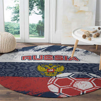 Russia Athletics Round Carpet with Soccer Ball, National Emblem, and Grunge Flag Design