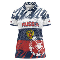 Personalized Russia Athletics Women Polo Shirt with Soccer Ball, National Emblem, and Grunge Flag Design