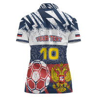 Personalized Russia Athletics Women Polo Shirt with Soccer Ball, National Emblem, and Grunge Flag Design