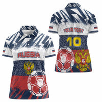 Personalized Russia Athletics Women Polo Shirt with Soccer Ball, National Emblem, and Grunge Flag Design