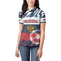 Personalized Russia Athletics Women Polo Shirt with Soccer Ball, National Emblem, and Grunge Flag Design