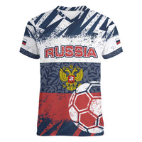 Personalized Russia Athletics Women V-Neck T-Shirt with Soccer Ball, National Emblem, and Grunge Flag Design