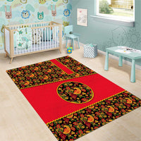 Russia Folk Art Area Rug with Khokhloma Pattern and Traditional Rooster Design