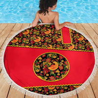 Russia Folk Art Beach Blanket with Khokhloma Pattern and Traditional Rooster Design