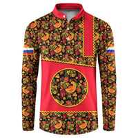 Russia Folk Art Button Sweatshirt with Khokhloma Pattern and Traditional Rooster Design