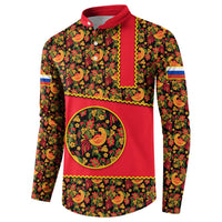 Russia Folk Art Button Sweatshirt with Khokhloma Pattern and Traditional Rooster Design