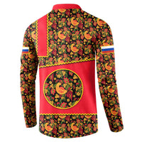 Russia Folk Art Button Sweatshirt with Khokhloma Pattern and Traditional Rooster Design