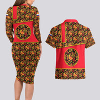 Russia Folk Art Couples Matching Long Sleeve Bodycon Dress and Hawaiian Shirt with Khokhloma Pattern and Traditional Rooster Design
