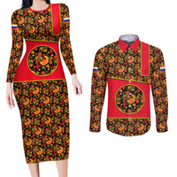 Russia Folk Art Couples Matching Long Sleeve Bodycon Dress and Long Sleeve Button Shirt with Khokhloma Pattern and Traditional Rooster Design
