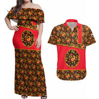Russia Folk Art Couples Matching Off Shoulder Maxi Dress and Hawaiian Shirt with Khokhloma Pattern and Traditional Rooster Design