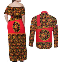 Russia Folk Art Couples Matching Off Shoulder Maxi Dress and Long Sleeve Button Shirt with Khokhloma Pattern and Traditional Rooster Design