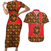 Russia Folk Art Couples Matching Short Sleeve Bodycon Dress and Hawaiian Shirt with Khokhloma Pattern and Traditional Rooster Design