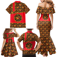 Russia Folk Art Family Matching Mermaid Dress and Hawaiian Shirt with Khokhloma Pattern and Traditional Rooster Design