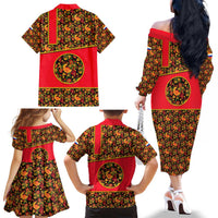 Russia Folk Art Family Matching Off The Shoulder Long Sleeve Dress and Hawaiian Shirt with Khokhloma Pattern and Traditional Rooster Design