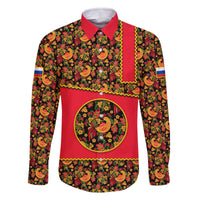 Russia Folk Art Family Matching Off The Shoulder Long Sleeve Dress and Hawaiian Shirt with Khokhloma Pattern and Traditional Rooster Design
