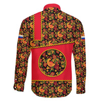 Russia Folk Art Family Matching Off The Shoulder Long Sleeve Dress and Hawaiian Shirt with Khokhloma Pattern and Traditional Rooster Design