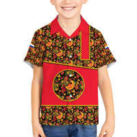 Russia Folk Art Family Matching Off The Shoulder Long Sleeve Dress and Hawaiian Shirt with Khokhloma Pattern and Traditional Rooster Design