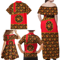 Russia Folk Art Family Matching Off Shoulder Maxi Dress and Hawaiian Shirt with Khokhloma Pattern and Traditional Rooster Design