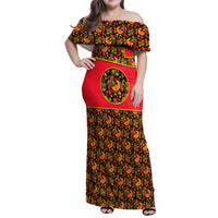Russia Folk Art Family Matching Off Shoulder Maxi Dress and Hawaiian Shirt with Khokhloma Pattern and Traditional Rooster Design