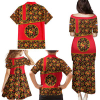 Russia Folk Art Family Matching Puletasi and Hawaiian Shirt with Khokhloma Pattern and Traditional Rooster Design