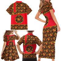 Russia Folk Art Family Matching Short Sleeve Bodycon Dress and Hawaiian Shirt with Khokhloma Pattern and Traditional Rooster Design