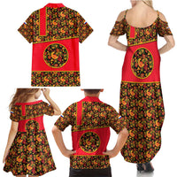 Russia Folk Art Family Matching Summer Maxi Dress and Hawaiian Shirt with Khokhloma Pattern and Traditional Rooster Design