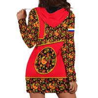 Russia Folk Art Hoodie Dress with Khokhloma Pattern and Traditional Rooster Design