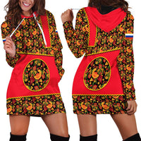 Russia Folk Art Hoodie Dress with Khokhloma Pattern and Traditional Rooster Design